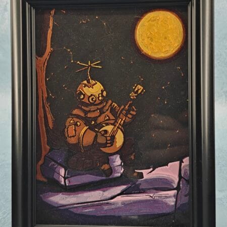Ainlina Riebek 3D Printed Artwork - Outer Wilds | Decoration This is a 3D Printed artwork of Riebek from Outer Wilds. Riebek is playing his banjo on Brittle Hollow, with the sun in the background. Spoiler-free print. January 1st, 2026